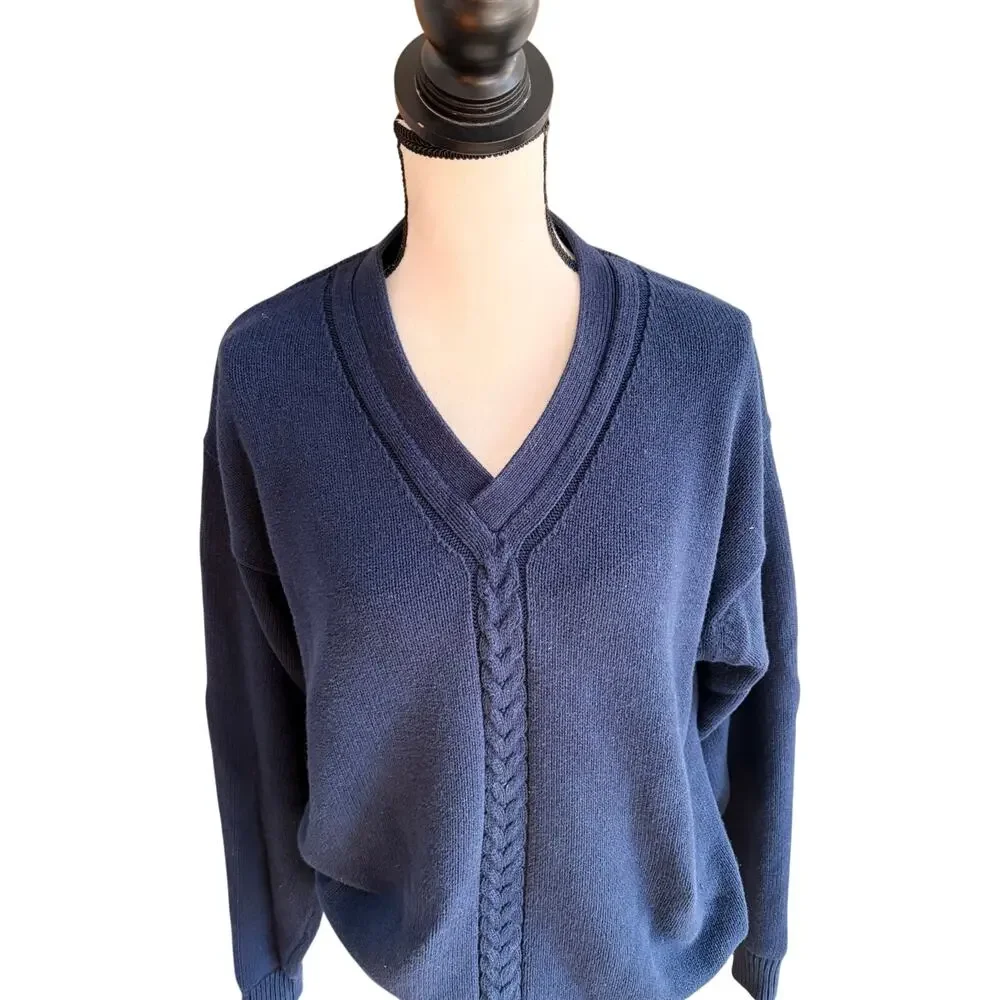 Vintage 90s Claiborne Cable Knit V Neck Sweater Navy Cotton Men's M Women's L